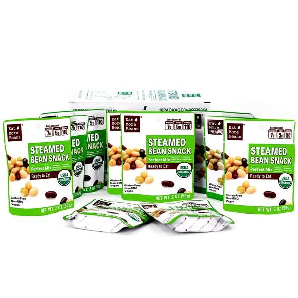 Steamed Bean Snack Series - PERFECT MIX (Organic Edamame, Chickpeas, Soybeans, Green Peas, Kidney Beans, Black Beans) USDA Certified Healthy Vegan Snacks Ready to Eat - Box of 10 packs