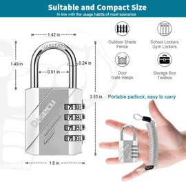 Disecu 4 Digit Combination Lock Outdoor Waterproof Padlock with Steel Cable for Gym Locker, Sports Locker, Helmet, Gate, Fence, Luggage, Bike (Silver, Pack of 2 Padlocks)