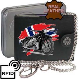 Biker Classic Vintage Motorbike Motorcycle Norway Flag Mens Chain Wallet Gift Box KLASSEK Brand Real Black Leather RFID Blocking with Coin Pocket