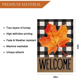 LHSION Welcome Fall House Flag 28 x 40 Inch Autumn Leaves Buffalo Plaid Decorative House Yard Double Sided Flag for Autumn Seasonal Decoration