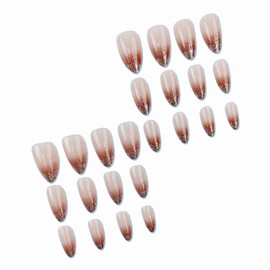 MERVF Almond Press on Nails Medium Fall Fake Nails Brown Ombre French Tip Glue on Nails Glitter Press ons with Design Autumn Stiletto Acrylic False Nails Glossy 24pcs