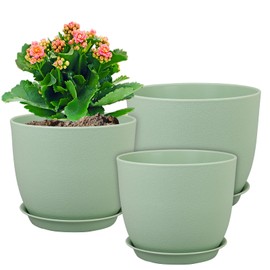 WSMKSZ Large Plant Pots 12/10/9 inch, Set of 3 Modern Decorative Plastic Planters with Drainage Holes and Saucers, Flower Pots for Indoor Outdoor Plants, Green