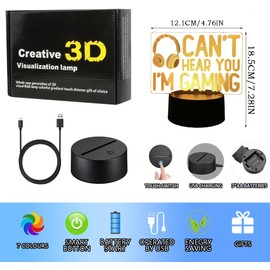 BIRBANN 3D Gaming Lamp, Children's Headphones Gaming Night Light, Touch Sensitive Smart 7 Colour Led Table Lamp, Birthday Holidays Present, Can't Hear You I'm Gaming Night Light for Boys Girls