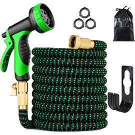 100 ft Expandable Garden Hose - Kink Free Flexible Water Hose 100ft with 10 Pattern Spray Nozzle, 3/4 Solid Brass Connectors, Retractable Lightweight Expanding Hose
