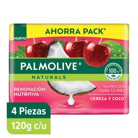 Jabón Nutritivo Palmolive Naturals, Renovación Nutritiva, Suavidad Natural, Cereza y Coco, 4 piezas de 120gr, total paquete 480g