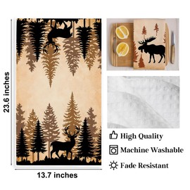 3PCS Wild Animal Deer Moose Bear Forest Camping Kitchen Towel for Campsite Cabin RV, Forest Wildlife Reusable Absorbent Waffle Weave Dish Tea Towels for Cleaning Cooking Baking, Camping Lovers Gifts