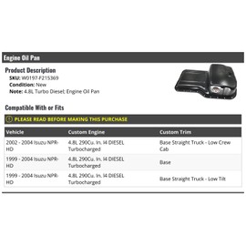 Marketplace Auto Parts - Engine Oil Pan - Compatible with 1999-2004 Isuzu NPR-HD 4.8L Turbo Diesel