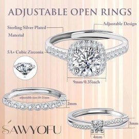 sawyofu Sterling Silver Adjustable Rings For Women 3PCS Cubic Zirconia 925 Silver Plated Wedding Stacking Rings Sets For Women Jewellery