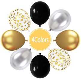 Paready Black and Gold Balloons Latex Balloons, 60 Pcs 12 Inch Silver Gold Confetti Balloons with Ribbons for Birthday Graduation Black Gold Party Wedding Engagement Anniversary Festival Decoration