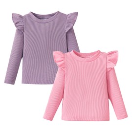 OPAWO Toddler Girl Shirts Ruffle Long Sleeve Baby Tee Tops, Ribbed Toddler Girl Blouse, Fall Baby Girl Clothes 2-Pack 12M-4T(Purple/Pink, 6Years)