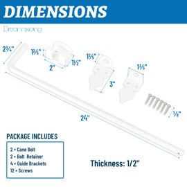 24" Heavy Duty Cane Bolt Gate Drop Rod Hardware Ground Latch for Wood PVC Vinyl Metal Fences Gates, Double Doors, White Solid Steel -2 Pack