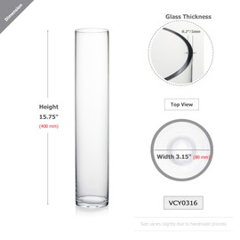 WGVI Quality Thick Weighted Clear Cylinder Glass Vases, 3" W x 16" H, Skinny Bud Tall Vase Floral Bouquet Flower Arrangements Wedding Centerpieces Container Candle Holders Home Decor, 1 Piece