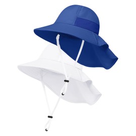 Cooraby 2 Pack Baby Sun Hat for Boys Girls Kids UPF 50+ Summer Adjustable Beach Hats with Bucket Wide Brim for Toddlers White, Royal Blue