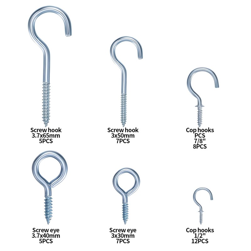 44 Piece Screw Hook Set: 12 Threaded Hook Screws &