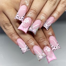 24Pcs Square Press on Nails Medium Pink Fake Nails Leopard Print French Tip Glue on Nails with 3d Rhinestone Design Flower Acrylic Nail Full Cover False Nails for Women Manicure Decorations