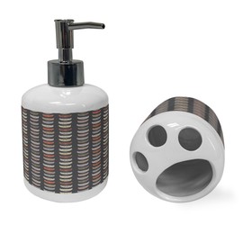 Ambesonne Cartoon Soap Dispenser & Toothbrush Holder Set, Doodle Happy Kittens Cat Lover Themed Continuous Pattern, Ceramic Bathroom Toiletry Accessories, 2 Pcs, Grey and Multicolor