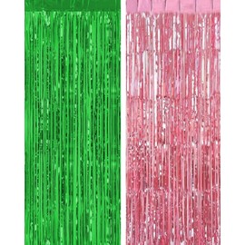 2 Pack Pink and Green Glitter Foil Curtain Backdrop Streamers, 3.28 x 6.56 ft Witch Princess Tinsel Fringe Curtain Photo Booth Prop Party Decorations