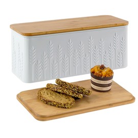 HOME PALETTE Large Bread Box for Kitchen Countertop Corner Breadbox for Homemade Bread Metal White Ear of Wheat Pattern Embossed Bread Storage Container Bin with Bamboo Lid