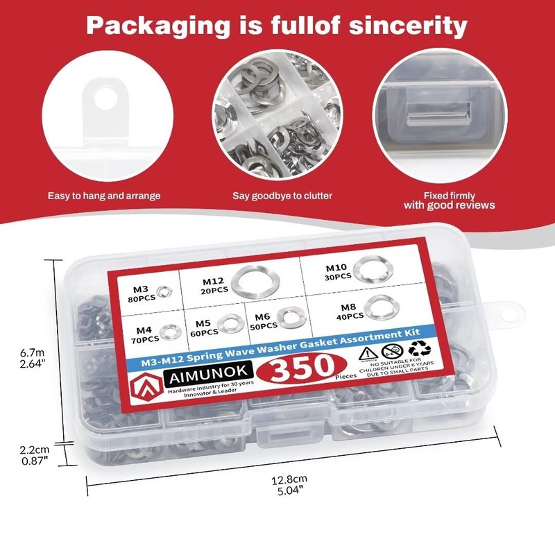 350PCS Spring Wave Washer Gasket Assortment Kit, M3 M4 M5