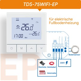 Beok WiFi Thermostat Tuya Underfloor Heating Thermostat for Electric Underfloor Heating Digital Room Thermostat Intelligent Heating Thermostat Compatible Alexa, Google Home, 16A TDS75WIFI-EP White