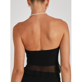 CSDAJIO Women's Asymmetrical Ruffle Hem Strapless Tube Top and Skirt Matching Set Summer 2 Pieces Outfits Black Small