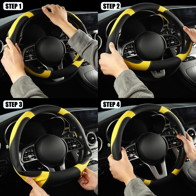Binsheo Microfiber Leather D Shaped Steering Wheel Cover, Breathable, Anti