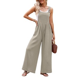Dokotoo Womens Casual Loose Overalls One Piece Sleeveless Jumpsuits for Women Stretchy Wide Leg Loose Fit Adjustable Straps Long Pant Rompers Jumpsuit with Pockets Small Khaki