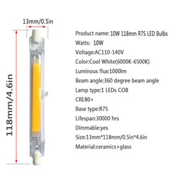 10W R7S LED Bulb (3 Pack) 100W Halogen Equivalent 118mm J-Type Base Cool White 6000K Double Ended Flood Light 360 Beam Angle Landscape Lights 110-140V