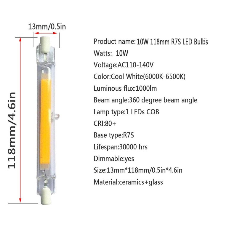 10W R7S LED Bulb (3 Pack) 100W Halogen Equivalent 118mm