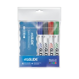 Eziglide Assorted Bullet Tip Whiteboard Pens 4 Pack with Magnetic Eraser, Black, Red, Blue & Green Whiteboard Markers, Dry Wipe Pens for Whiteboard, Colour White Board Markers Erasable