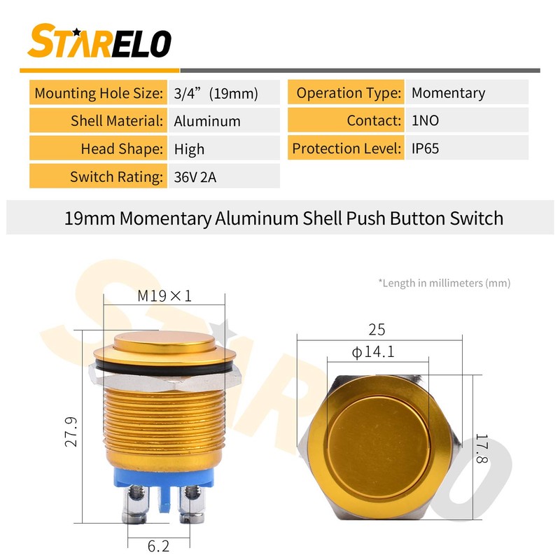STARELO 19MM 3/4" Momentary Push Button Switch High Round 250V
