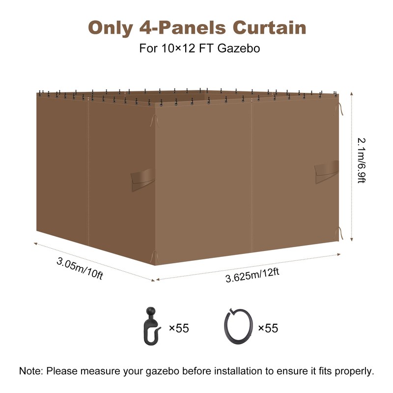 10x12 Gazebo Curtains, 4-Panels Gazebo Replacement Curtains with Zipper &