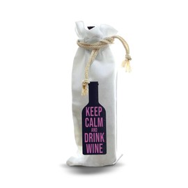 Jolitee “Keep Calm and Drink Wine” Bottle Gift Bag – Reusable Drawstring Canvas Bag with Classic Phrase Design – Funny Host Gift for Dinner Parties or Relaxation Time