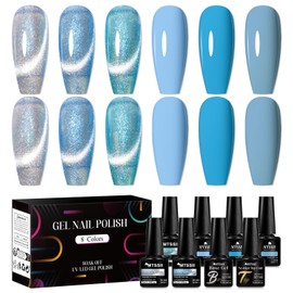 MTSSII Blue Gel Nail Polish Set, 8 Pcs Baby Sky Ice Blue Gel Polish Kit Magnetic Cat Eye Nail Art Gel Salon DIY Manicure Gift for Women Girl