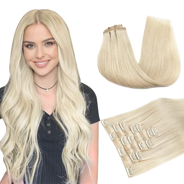 MAXITA Clip-In Real Hair Extensions, 50 cm / 20 Inches, 110 g, 7 Pieces, Platinum Blonde, PU Clip-In Extensions, Seamless Real Hair Extensions