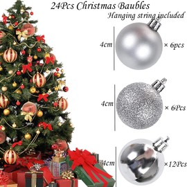 Christmas Baubles 24pcs Shatterproof Plastic Christmas Balls Silver Christmas Tree Decorations Ornaments Xmas Tree Balls for Xmas Tree Hanging Decoration Festival Holiday Wedding Party Decor (4cm)