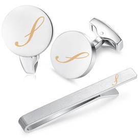 HONEY BEAR Initial Alphabet Letter Cufflinks Tie Clip Set for Mens - Brushed Silver Round for Business Wedding Gift A - Z (S upgrade with box 5.4cm)