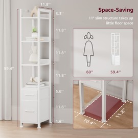 KLUVIS Skinny Bookshelf for Small Spaces - 5 Tier Thin Book Shelf with Storage Drawers Narrow Shelves Slim Bookshelves 2 Fabric Drawer 60 inch Tall, White (03W)