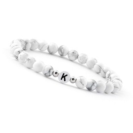 GD GOOD.designs EST. 2015 ® Pearl Bracelet (Howlite White) with Letter - Friendship Bracelet for 2 (Gift for Couples), Silver Plated