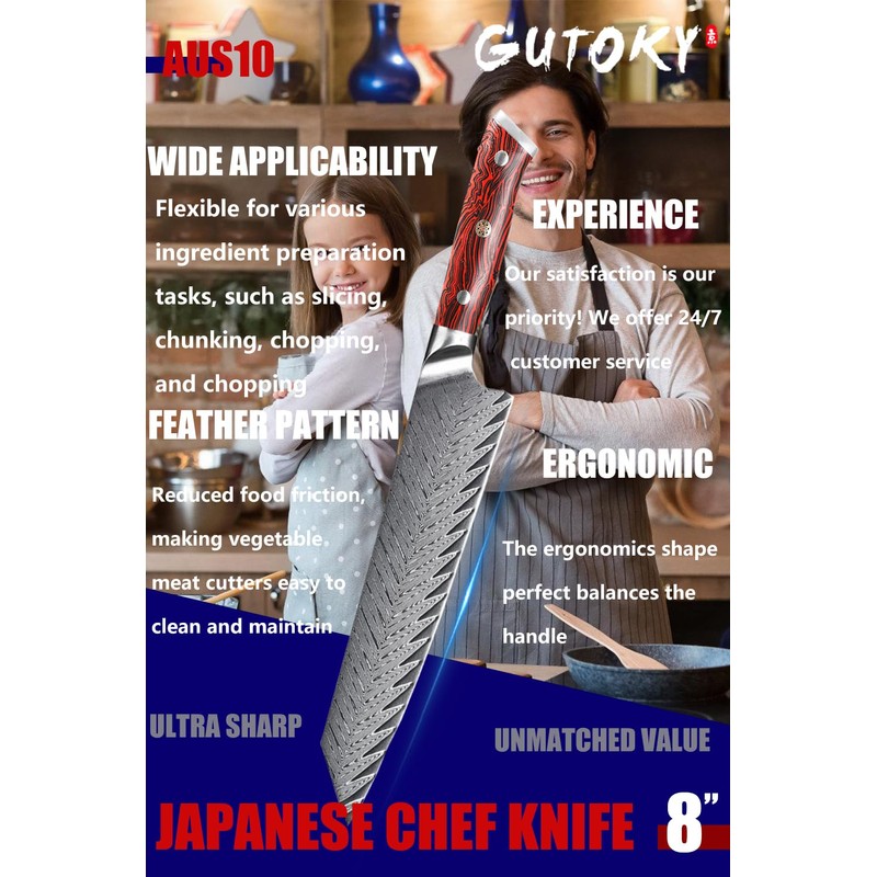 8 Inch Damascus Chef Knife, Feather Pattern Blade, Full Tang