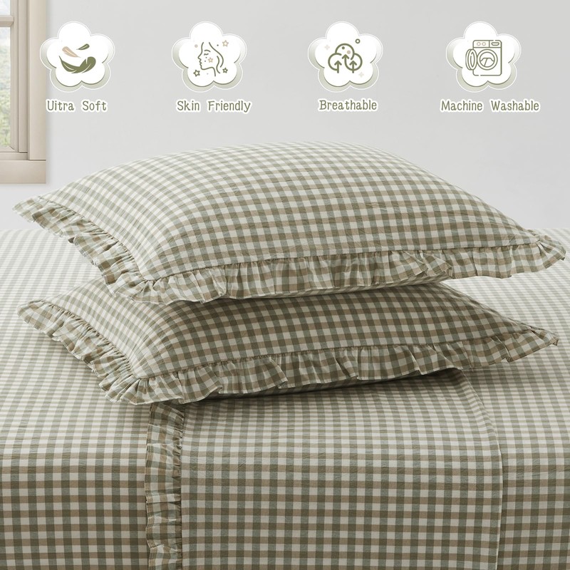 KKJIAF 2 Pcs Plaid Ruffle Pillow Case Standard Size, Washed