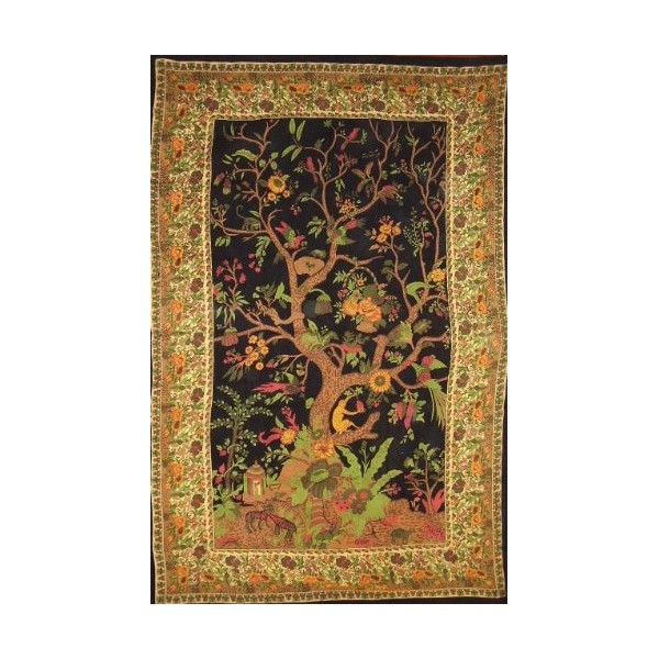 India Arts Tree of Life Tapestry-Wall Hanging-Bedspread-Black/Cream