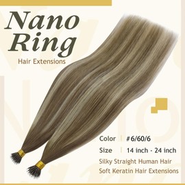 Sunny Hair Nano Beads Hair Extensions Invisible Nano Hair Extensions Human Hair Straight Nano Tip Hair Nano Ring Hair Extensions 50G/50S Balayage Medium Brown to Platinum Blonde 14inch