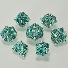 DND Dice,HNCCESG Matt Green White Metal Dice 7 PCS Skull Hollow Game Dice for Dungeons and Dragon,D and D Dice Gifts of Tabletop Game (Matte Green White Skull)