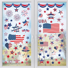 104Pcs Patriotic Window Clings, Memorial Day Decor Red White Blue Double-Sided USA Stars Fireworks Shape Stickers for 4th of July Independence Day Veterans Party Supplies Home Office, 9 Sheets