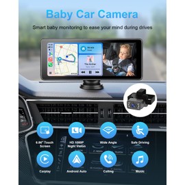 6.86" HD Touchscreen Baby Car Camera - Car Baby Monitor with Apple CarPlay & Android Auto, 1080p Ultra Night Vision, Invisible Infrared Lights, 150° Wide Angle, Split Screen, 3X Zoom, Fits Most Cars