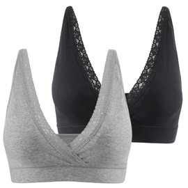 COLOMI Maternity Nursing Bra Wirefree Cotton Breastfeeding Bra for Sleep Lace Maternity Bralette (L, Black+Grey)