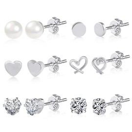 ASH'S CHOICE Small Silver Stud Earrings For Women, Multipack 925 Sterling Silver Stud Earrings Set For Women ids, Cross Star Heart Round Ball Studs Earrings Sleeper Cartilage Earrings, 6Pairs