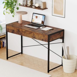 Tangkula Computer Desk with 2 Drawers, 44 Inch Home Office Desk with Metal Frame & Anti-Toppling Device, Modern Writing Desk Study Desk, Compact Laptop PC Desk for Small Space (Rustic Brown)