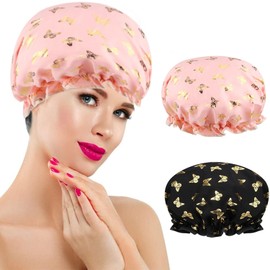 Shower Cap Elastic Band Double Layer Waterproof Bath Caps Reusable Shower Hat with Ruffles Covering Ears for Women Girls Shower Spa Salon (Butterfly pink)